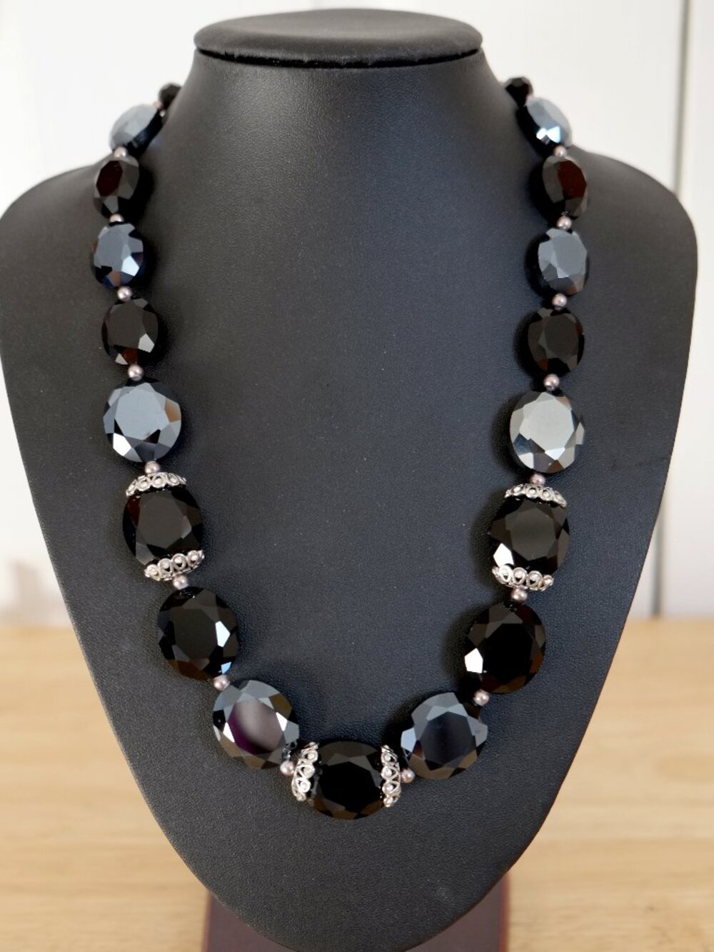 Cezanne midnight-black faceted-glass bead statement rivière necklace